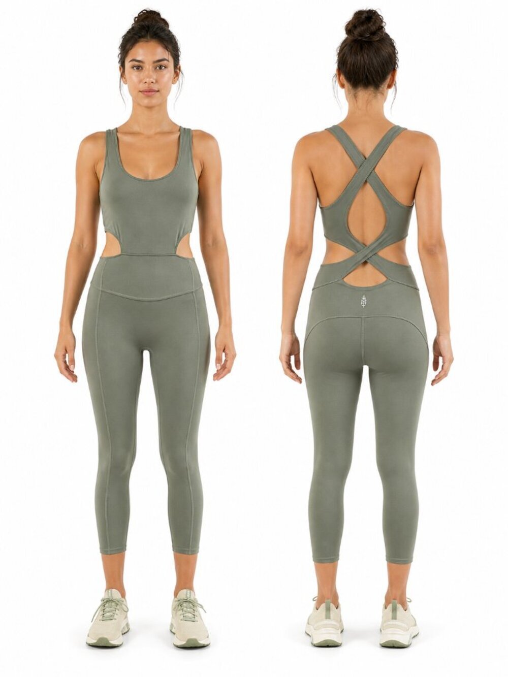 Free People FP Movement Back It Up Onesie Sage Beige Cutout Activewear Size XS